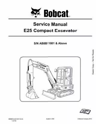 BOBCAT E25 COMPACT EXCAVATOR Service Repair Manual SN：AB8B11001 AND Above