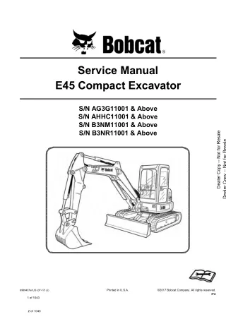 Bobcat E45 Compact Excavator Service Repair Manual (SN AG3G11001 and Above)