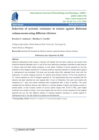 Induction of systemic resistance in tomato against Ralstonia solanacearum using