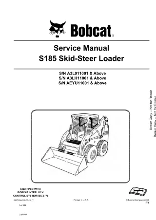 Bobcat S185 Skid Steer Loader Service Repair Manual (SN A3L911001 and Above)