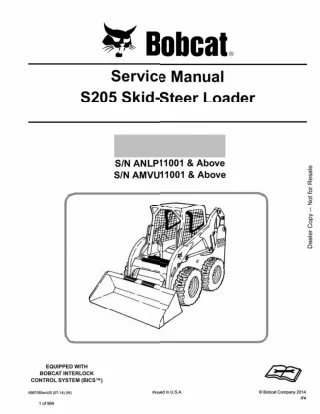 BOBCAT S205 SKID STEER LOADER Service Repair Manual SN AMVU11001 and Above