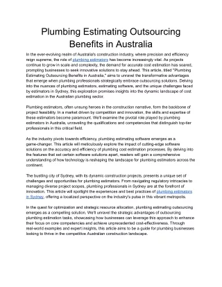Plumbing Estimating Outsourcing Benefits in Australia