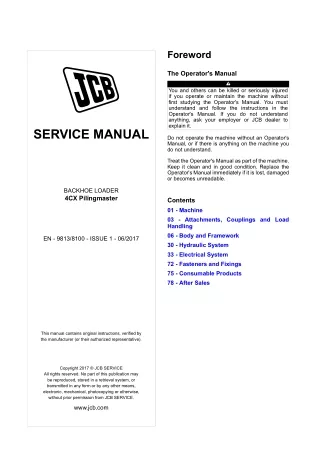 JCB 4CX Pilingmaster Backhoe Loader Service Repair Manual SN 2442701 and up