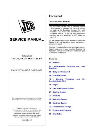 JCB 100C-1, 85Z-1, 86C-1, 90Z-1 Mini Excavator Service Repair Manual From 1910901 To 1911901