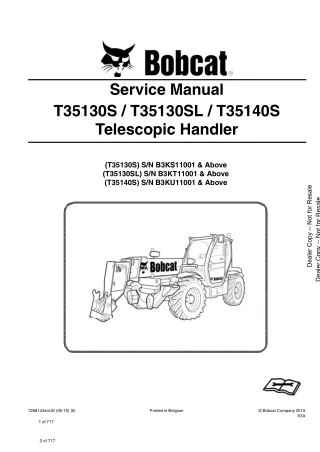 Bobcat T35140S Telescopic Handler Service Repair Manual (SN B3KU11001 and Above)