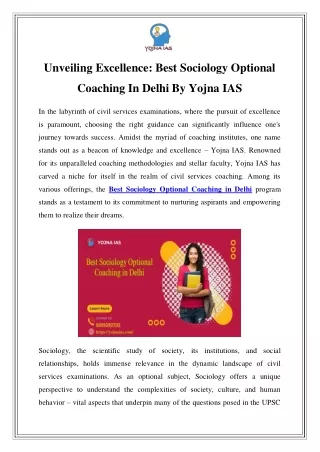 Master Sociology Optional: Top Coaching by Yojna IAS in Delhi