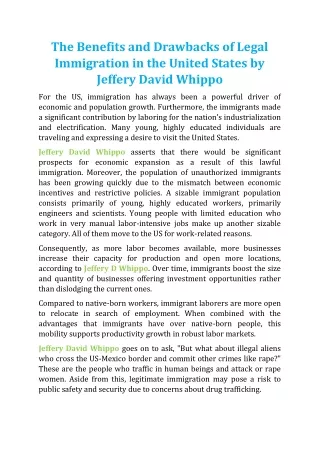 The Benefits and Drawbacks of Legal Immigration in the United States by Jeffery David Whippo