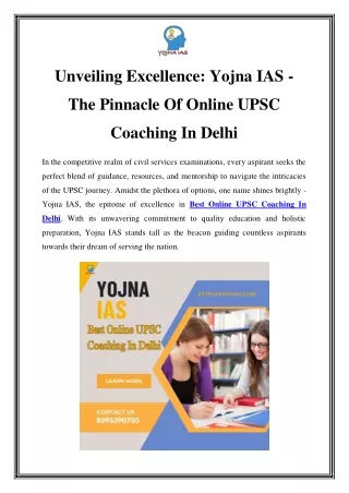 Mastering UPSC: Yojna IAS - Premier Online Coaching in Delhi