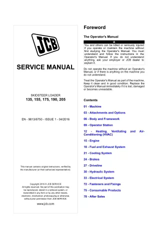 JCB 205 Skid Steer Loader Service Repair Manual (From 2473501 To 2473800)