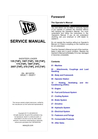 JCB 205T [T4F] Skid Steer Loader Service Repair Manual SN 2201002 and up