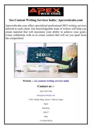 Seo Content Writing Services India  Apexwebcube.com