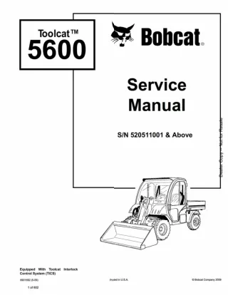 Bobcat Toolcat 5600 Utility Work Machine Service Repair Manual SN 520511001 AND Above