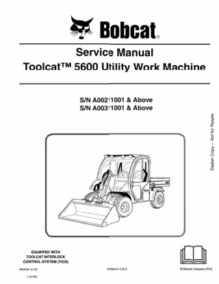 Bobcat Toolcat 5600 Utility Work Machine Service Repair Manual SN A00211001 AND Above