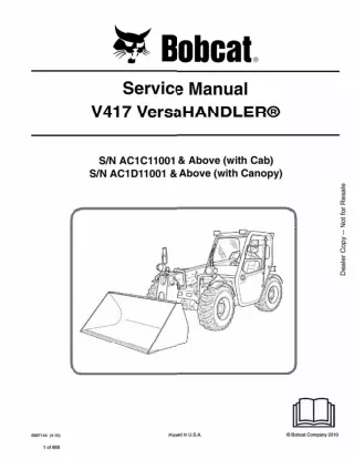 Bobcat V417 VersaHANDLER Telescopic Forklift Service Repair Manual SN AC1C11001 AND Above (with Cab)