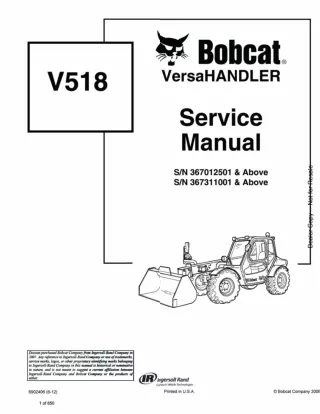 Bobcat V518 VersaHANDLER Telescopic Forklift Service Repair Manual SN 367012501 AND Above