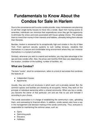 Fundamentals to Know About the Condos for Sale in Harlem