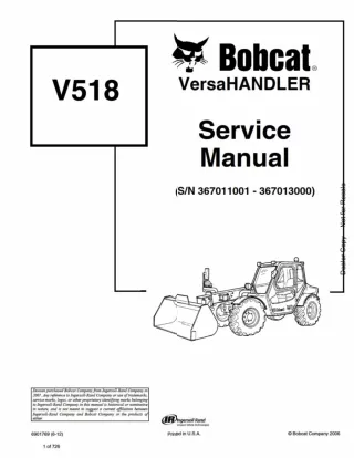 Bobcat V518 VersaHANDLER Telescopic Forklift Service Repair Manual SN 367011001 - 367013000