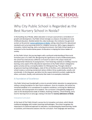 Why City Public School is Regarded as the Best Nursery School in Noida