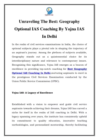 Discover Top-Notch Geography Optional Coaching: Yojna IAS, Delhi