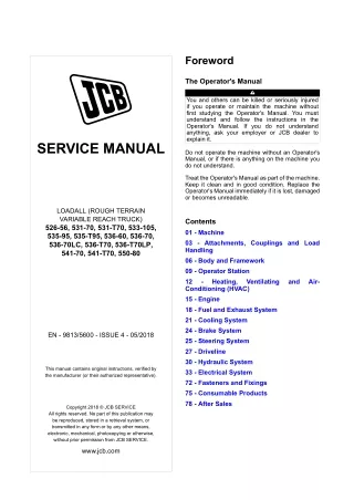 JCB 531-T70 Telescopic Handler Service Repair Manual SN 2336575 and up