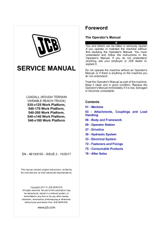 JCB 540-170 Work Platform Telescopic Handler Service Repair Manual SN 2902000 and up