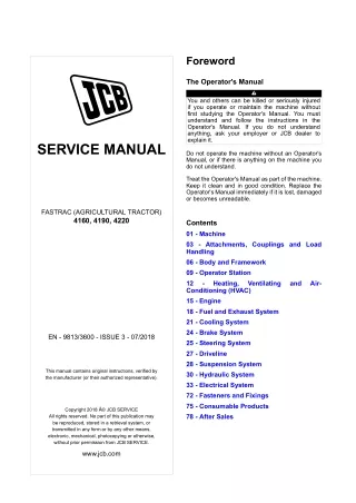 JCB 4190 FASTRAC Service Repair Manual SN from 2184000 onwards