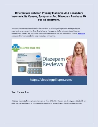 Differentiate Between Primary Insomnia and Secondary Insomnia Its causes, symptoms and Diazepam purchase uk for its trea