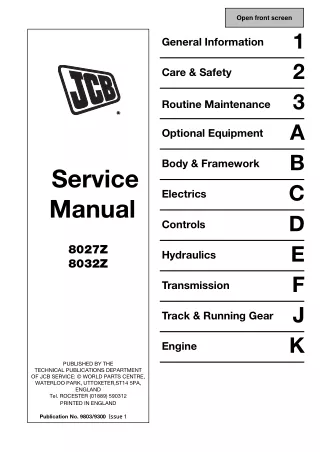 JCB 8027Z MINI EXCAVATOR Service Repair Manual SN898000 Onwards