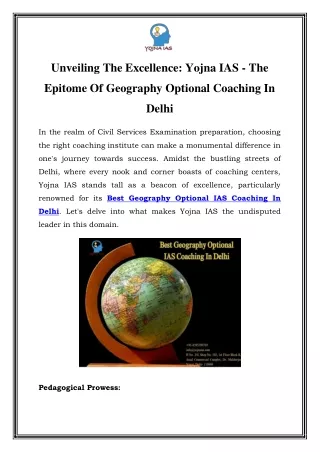 Discover the Top Geography Optional IAS Coaching in Delhi with Yojna IAS