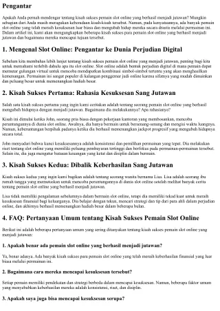 Kisah Sukses Pemain Slot Online yang Menjadi Jutawan