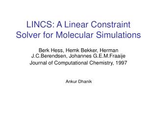 LINCS: A Linear Constraint Solver for Molecular Simulations