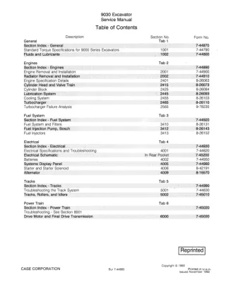 CASE 9030 Excavator Service Repair Manual