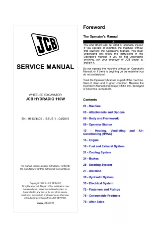 JCB Hydradig 110W Wheeled Excavator Service Repair Manual (From 2474601 To 2475100)