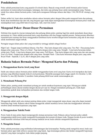 Rahasia Sukses Bermain Poker: Mengenal Kartu dan Peluang