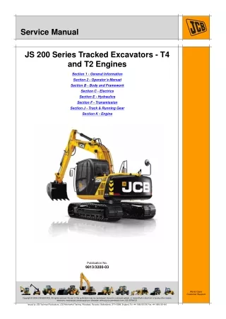 JCB JS 200 Series Tracked Excavators (T4 and T2 Engines) Service Repair Manual From 2424851 To 2425350