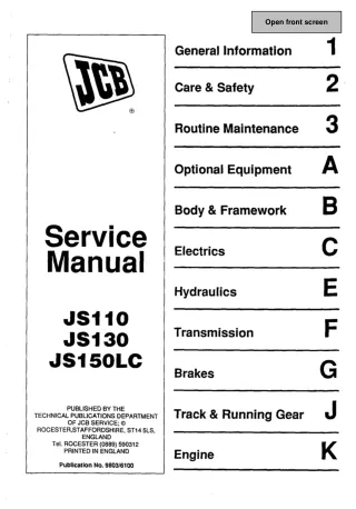 JCB JS110 TRACKED EXCAVATOR Service Repair Manual SN（697002 Onwards）