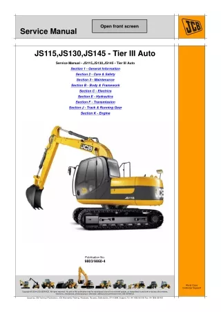 JCB JS115 Auto Tier3 TRACKED EXCAVATOR Service Repair Manual SN（1703500 to 1703599）