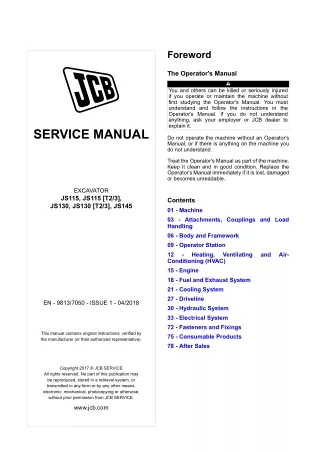 JCB JS130 T2 EXCAVATOR Service Repair Manual SN 2397429 and up