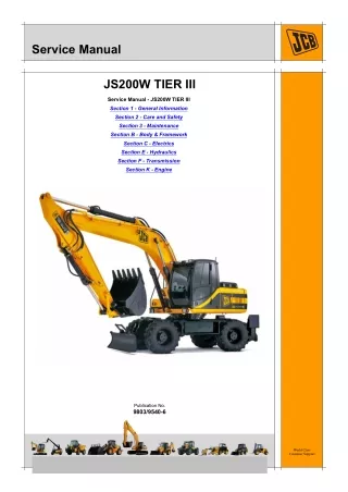 JCB JS200W TIER III WHEELED EXCAVATOR Service Repair Manual SN：1314600 to 1314699