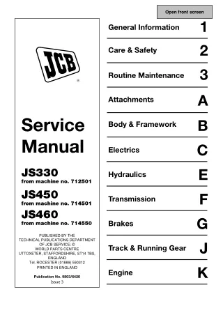 JCB JS450 TRACKED EXCAVATOR Service Repair Manual SN714501 Onwards