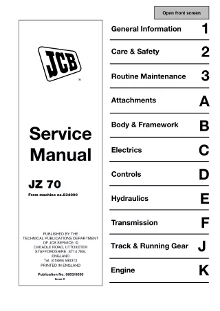 JCB JZ70 TRACKED EXCAVATOR Service Repair Manual SN（834001 Onwards）