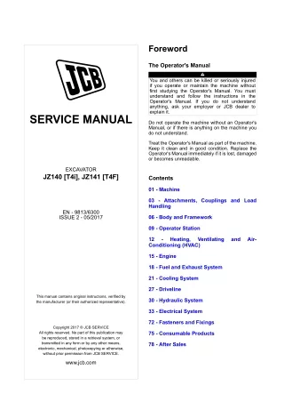 JCB JZ140 [T4i] Excavator Service Repair Manual SN 2375081 and up