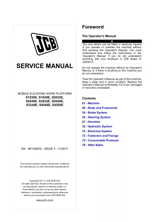 JCB S4046E MOBILE ELEVATING WORK PLATFORM Service Repair Manual SN 2532501 and up