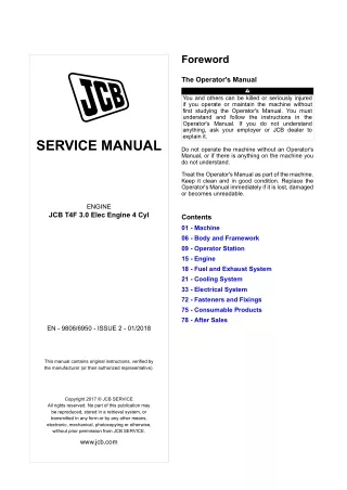JCB T4F 3.0 Elec Engine 4 Cyl Service Repair Manual