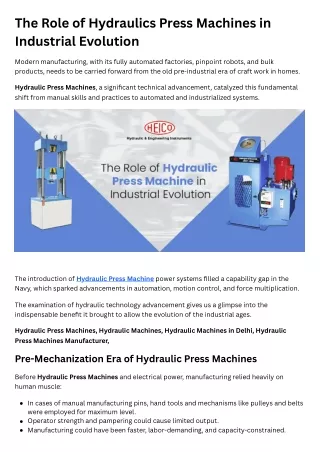 The Role of Hydraulics Press Machines in Industrial Evolution