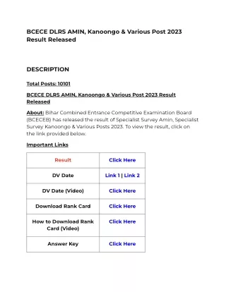 BCECE DLRS AMIN, Kanoongo & Various Post 2023 Result Released