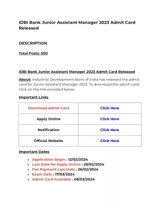 IDBI Bank Junior Assistant Manager 2023 Admit Card Released