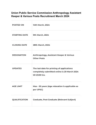 UPSC - Anthropology & Other Posts Recruitment March 2024