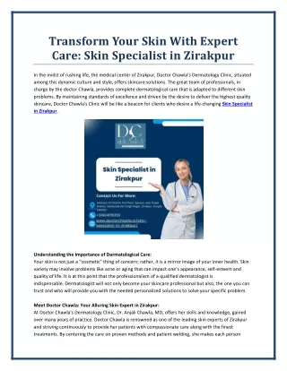 Transform Your Skin With Expert Care: Skin Specialist in Zirakpur