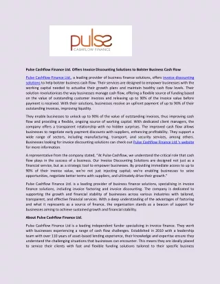 Pulse Cashflow Finance Ltd. Offers Invoice Discounting Solutions to Bolster Business Cash Flow